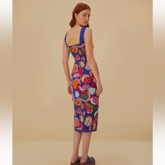 NWOT FARM Rio Square Neck Midi Colorful All Over Print Fruit Salad Dress Size M - Picture 3 of 7